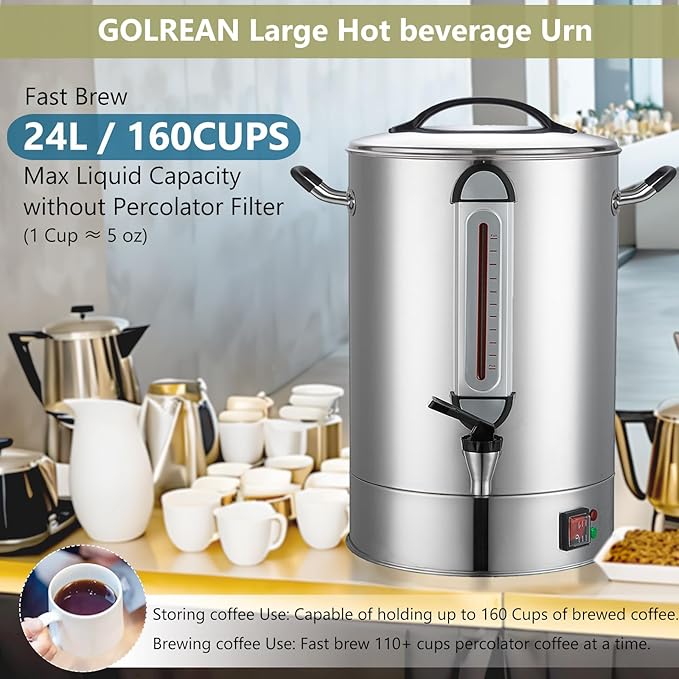 Commercial Coffee Urn 24L 160Cup Stainless Steel Quick Brew Hot Dispenser for Catering Commercial Grade Large Capacity Coffee Maker For Meeting Rooms Church School Stainless Steel
