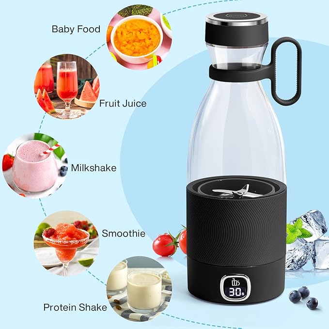 MIAOKE Portable Blender 6 Blades Juicer Cup for Juice Shakes and Smoothies 350ml Mini Blender with Led Display Usb Rechargeable3000Mah Rechargeable Battery for Home Sports Outdoors Travel-Black