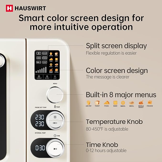Hauswirt Toaster Oven Air Fryer XL Large Convection Oven Countertop Rotisserie Chicken 42Qt 3-Tier for 5-8 People 8 Mode Smart Toaster Stainless Steel 80°F - 500°F Quick &amp Even Crisp - Ivory