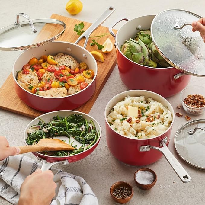 KitchenAid Hard Anodized Ceramic 9-Piece Nonstick Cookware Set – Includes Fry Pans Saucepan Stockpot Durable Even Heating Oven Safe to 500°F Empire Red