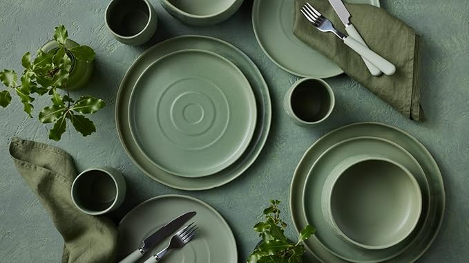 Stone by Mercer Project SHOSAI 16-Piece Stoneware Dinnerware Set Plates and Bowls Set Modern Dishware set fo 4 Sage
