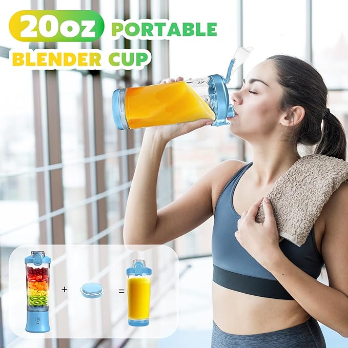 Portable Blender Personal Juicer for Shakes and Smoothies - 20 OZ Electric Protein Shaker Bottle with Insulated Sleeve Travel Lid USB-C Rechargeable - Mini Small Blender Cup for Kitchen Office Gym