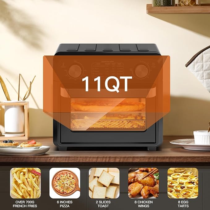 11QT Compact 2-Slice Air Fryer Toaster Oven with Reference Menus 1500W Small Convection Countertop Oven Adjustable Time &amp Temperature Ideal for Singles &amp Couples Black