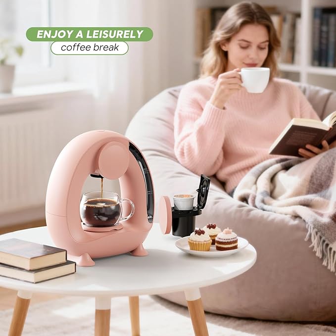 BENFUCHEN Pod and Grounds Single-Serve Coffee Maker 2 in 1 One Cup Coffee Machine Compatible with K-Cup Pod &amp Coffee Grounds/Tea Compact Design 4-8oz Pink