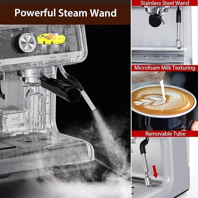 Towallmark Espresso Machine with Grinder 20 Bar Professional Coffee Maker for Home Milk Frother Removable Water Tank Steam Wand Perfect for Espresso Cappuccino Latte