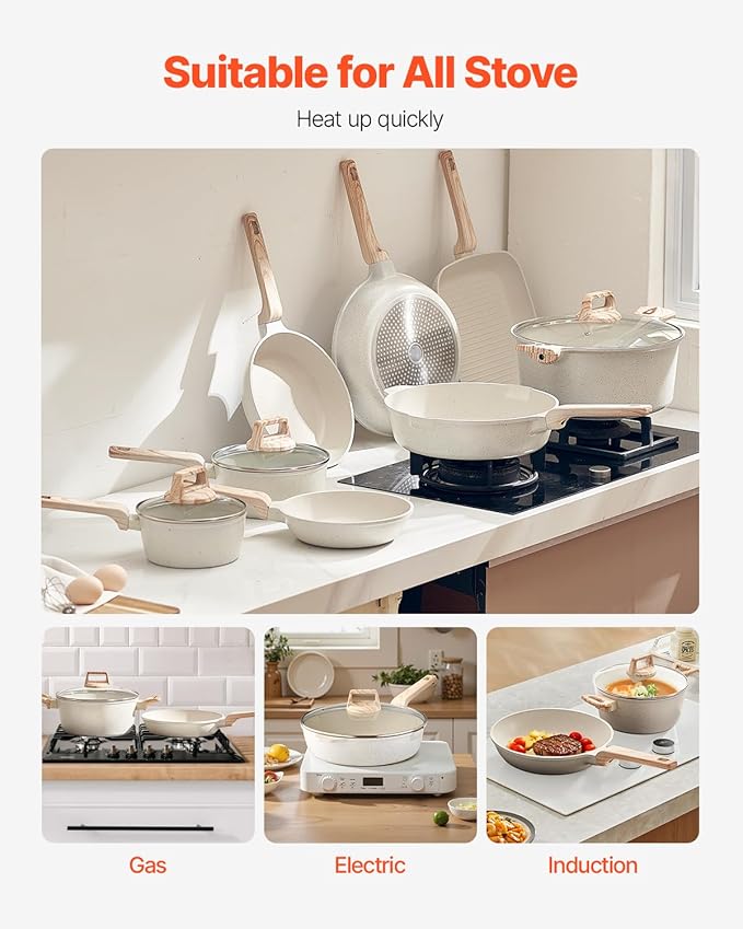 VEVOR 19 Piece Pots and Pans Set Nonstick Granite Cookware Set Induction Cookwares Kitchen RV Cooking Sets with Frying Sauce Saute Tempered Glass Lids and Pan Protectors White
