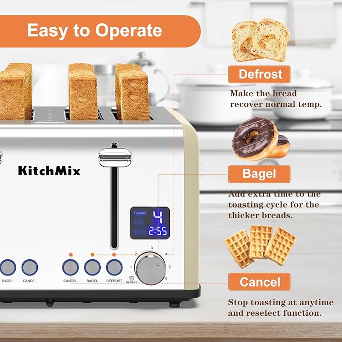Toaster 4 Slice KitchMix Bagel Stainless Toaster with LCD Timer Extra Wide Slots Dual Screen Removal Crumb Tray (Cream)