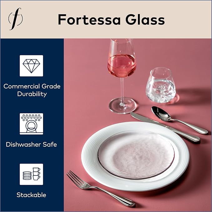 FORTESSA Los Cabos Tableware 16-Piece Glass Dinnerware Set with 4 Dinner Plates 4 Salad Plates 4 Coupe Bowls and 4 Cereal Bowls Dishwasher-Safe Glass Plate Set Pink