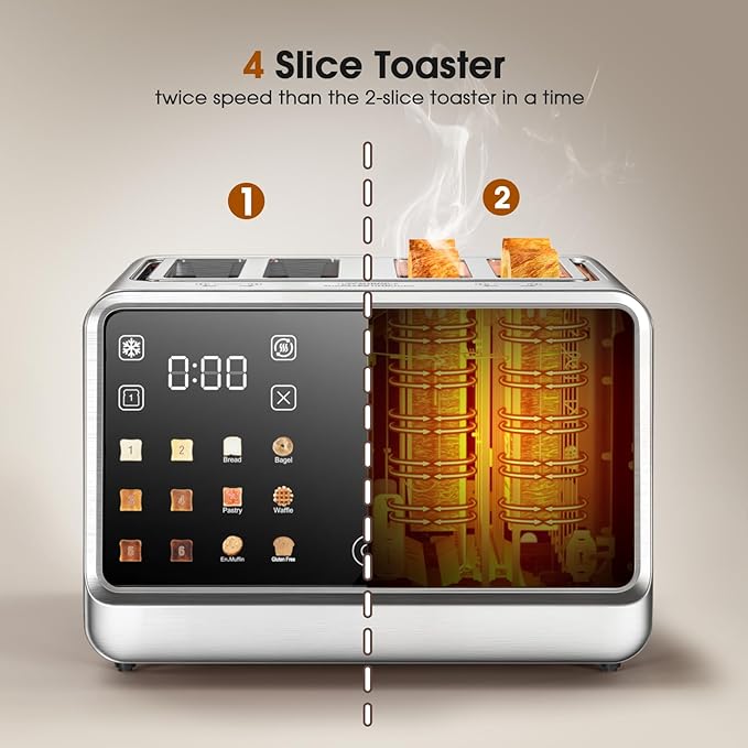 Smart Toaster 4 Slice Wide Slot– Dual Digital TouchScreen &amp Independent Control for Family | 1800W Stainless Steel for 5 Bread Types &amp 6 Toast Settings | Defrost Reheat &amp Single-Slice Mode