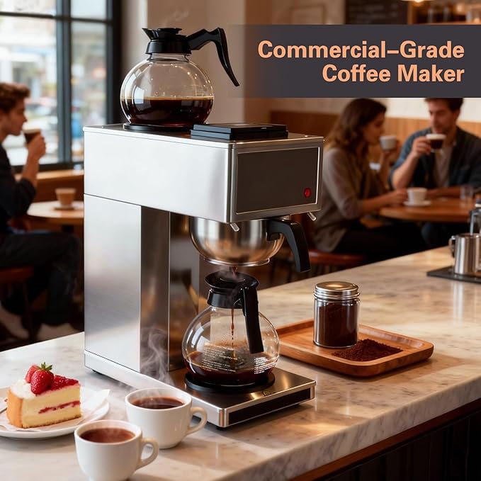 VONCI 1610W Commercial Coffee Maker 12 Cup Drip Coffee Machine 2 Glass Carafes and 2 Warmers Stainless Steel Housing &amp Funnel Industrial Coffee Maker for Offices Hotels Home