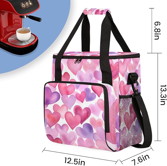 Pink Blue Heart Coffee Maker Carrying Bag Portable Travel Storage Tote Bag Compatible with K-Mini or K-Mini Plus Single Serve Coffee Brewer Carrying Case with Multiple Pockets &amp Shoulder Strap