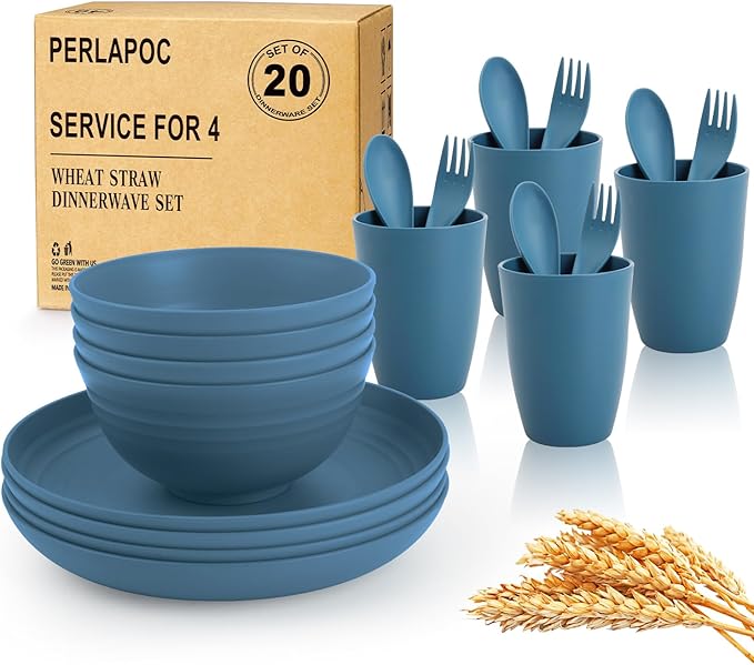 Wheat Straw Dinnerware Sets for 4 Reusable Plastic Dinner Plates Unbreakable Kids Plates and Bowls Sets 20 PCS Dishwasher &amp Microwave Safe Kitchen Camping Dorm Dish Sets- Blue