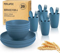 Wheat Straw Dinnerware Sets for 4 Reusable Plastic Dinner Plates Unbreakable Kids Plates and Bowls Sets 20 PCS Dishwasher &amp Microwave Safe Kitchen Camping Dorm Dish Sets- Blue