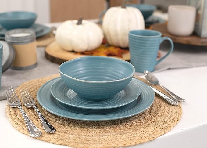 Elanze Designs Charming Chic Ribbed Modern Thrown Pottery Look Ceramic Stoneware Plate Platter Mug &amp Bowl Kitchen Dish Dinnerware 16 Piece Set - Service for 4 Turquoise