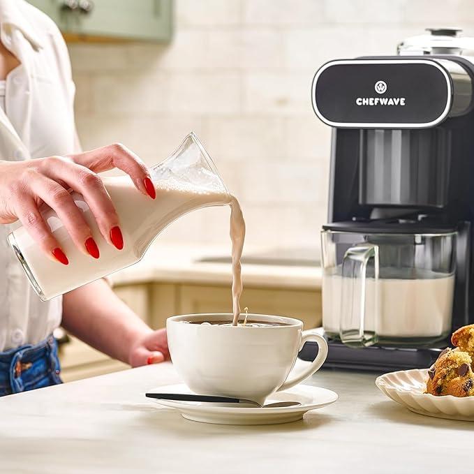ChefWave Milkmade Non-Dairy Milk Maker 6 Plant-Based Programs Auto-Clean Almond Oat Soy Cashew Coconut Macadamia 1000W (Silver/Black)