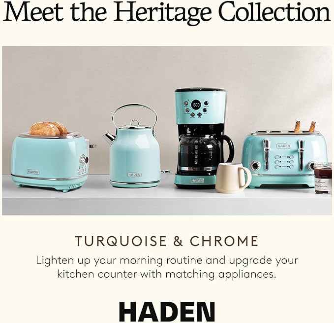 HADEN Heritage 12 Cup Programmable Vintage Retro Home Coffee Maker Machine with Heritage 2 Slice Wide Slot Stainless Steel Bread Toaster Turquoise