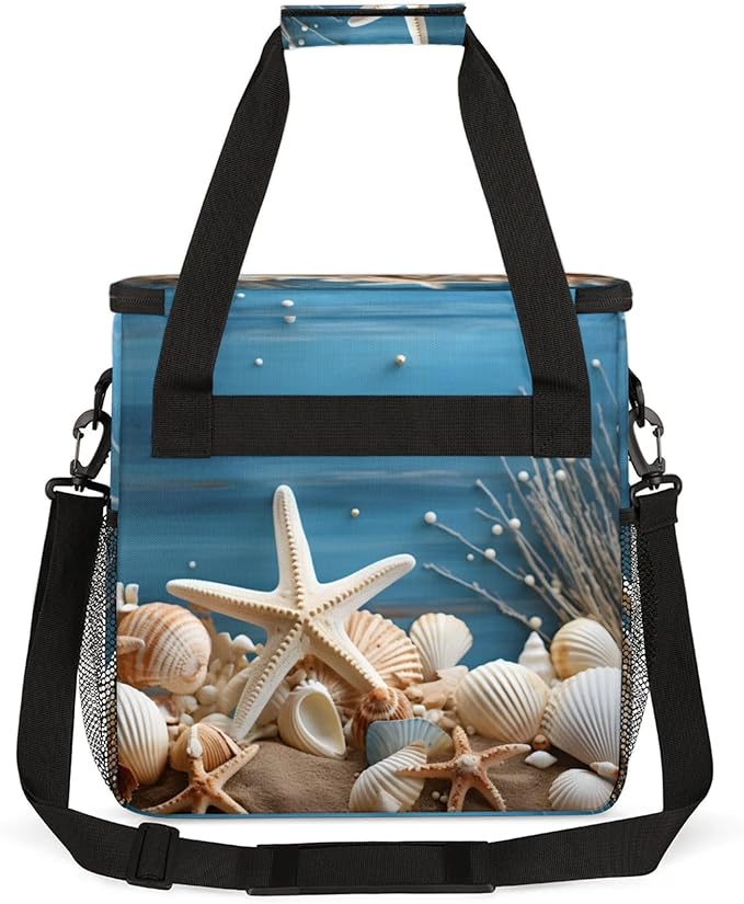 Beach Seashell Starfish Coffee Maker Travel Bag for Keurig K-Mini/K-Mini Plus Insulated Waterproof Tote with Pockets for K-Cup Portable Single-Serve Brewer Case