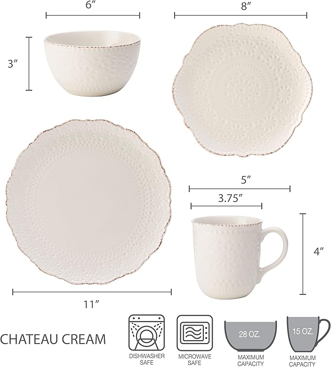 Pfaltzgraff Chateau Cream 16-Piece Stoneware Dinnerware Set Service for 4 Off White