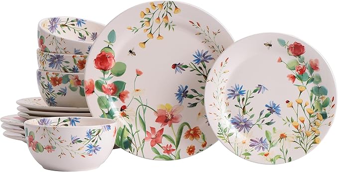 Bico Summer Provence Ceramic 12 pcs Dinnerware Set Service for 4 Inclusive of 11 inch Dinner Plates 8.75 inch Salad Plates and 26oz Cereal Bowls for Party Microwave &amp Dishwasher Safe