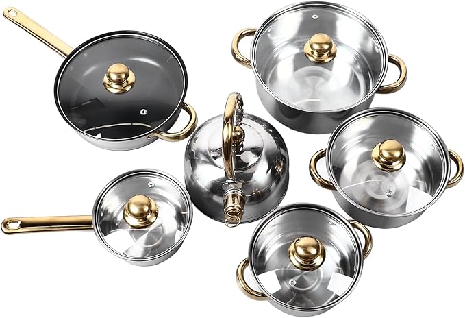 12 Piece Stainless Steel Pots and Pans Set Professional Cookware Set with Gold Handle Heat Resistant Easy to Frying Pan Skillet for All Cooktops Multiple Sizes