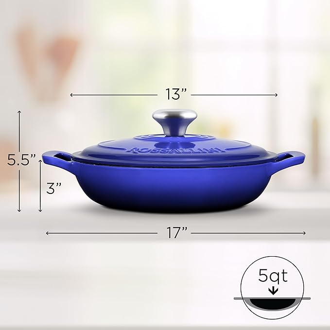 Signature Enameled Cast Iron Braiser Non-Stick Serving Pot with Tight Fitting Lid for Perfect Roasting Baking Sauteing Searing and Pan Frying | 5Q (4.7L) - Indigo Blue