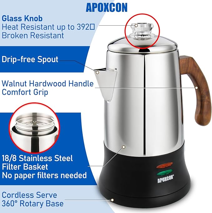 Electric Coffee Percolator Stainless Steel Coffee Maker with Tough Glass Clear Brew Progress Knob &amp On/OFF Switch Keep Warm Cordless Serve for Home and Hotel Room Use Gift Box Packaging 6 Cup