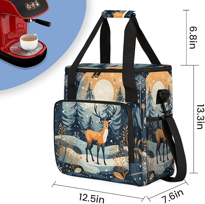 Winter Reindeer Coffee Maker Carrying Bag Christmas Elk Travel Storage Bag Compatible with K-Mini or K-Mini Plus Single Serve Coffee Brewer Carrying Case with Multiple Pockets &amp Shoulder Strap