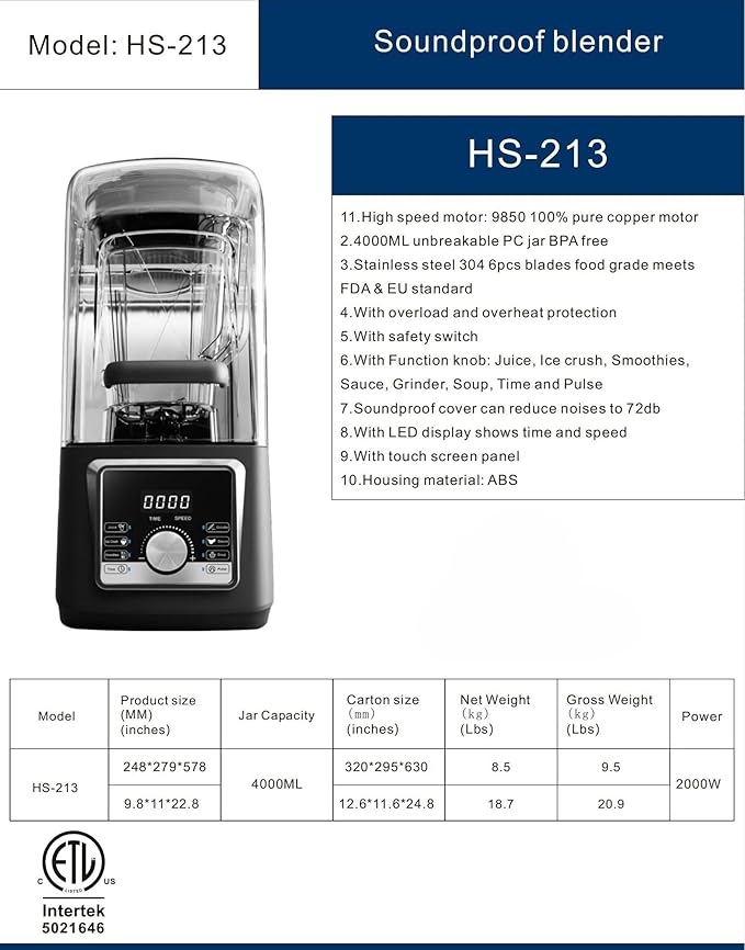 Professional Soundproof Blender 4000ml Jar 1400W Motor 8 Function Settings with LED Display Black HS-213 ETL