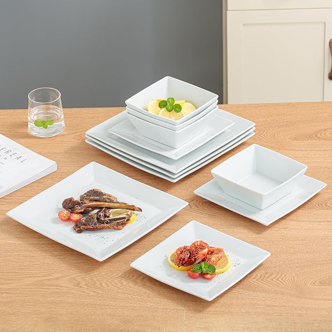 DOMINI 12-Piece Ceramic Kitchen Dinnerware Set Service for 4 Porcelain Dishes Dinner Set Square Dinnerware Sets with Dinner Plates Dessert Plates and Pasta BowlsSquare-White