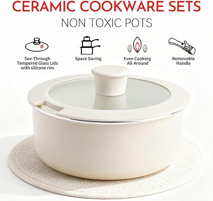 Heapsion 10-Piece Ceramic Nonstick Cookware Set PFAS/PFOA/PTFE-Free &amp Non-Toxic Pots and Pans Set with Detachable Handles Dishwasher Safe &amp Induction Compatible for Kitchen &amp RV Cooking