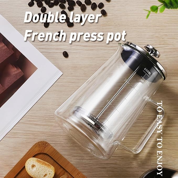French Press Coffee Maker 22Oz - Double-Wall Insulated Borosilicate Glass - Ergonomic Handle - Coffee Gift - Tea &amp Coffee Press