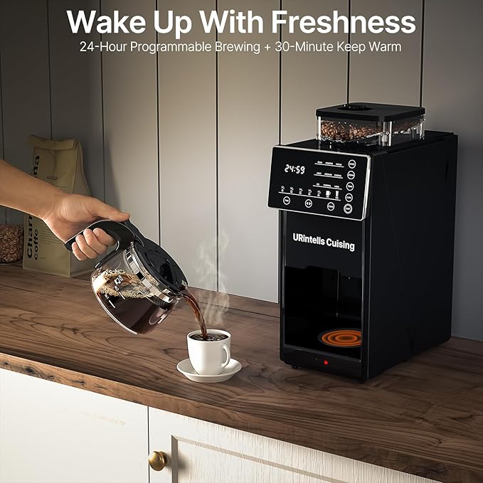Coffee Maker with Grinder 22OZ Drip Coffee Maker with Glass Carafe and Removable Filter Programmable Hot and Cold Bean to Cup Coffee Machine with Timer Auto Shut Off