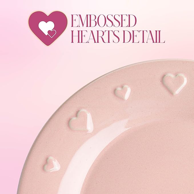 Paris Hilton 12-Piece Dinnerware Set Embossed Hearts. Iconic Ceramic Stoneware Service for 4 with Dinner Plates Salad Plates and Bowls Microwave &amp Dishwasher Safe Pink