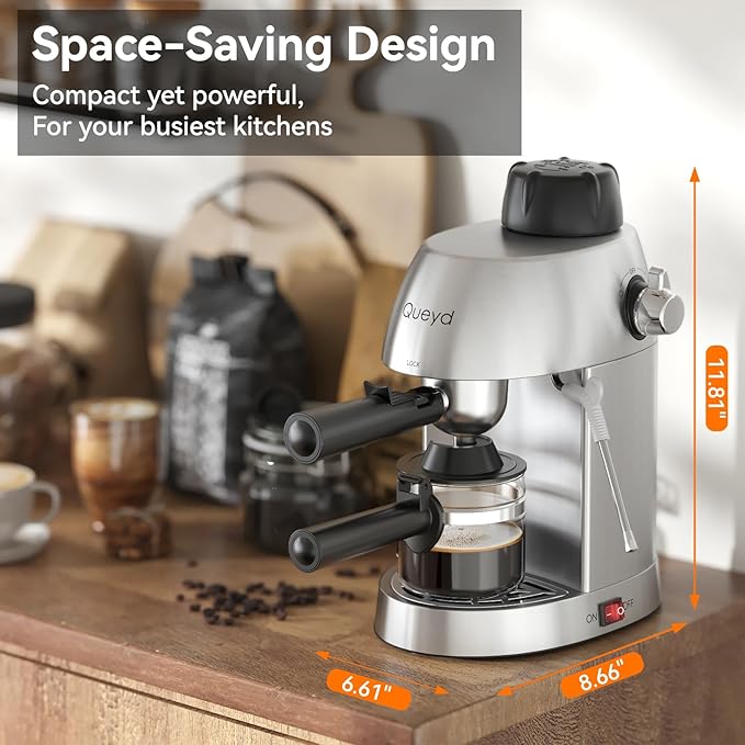 Queyd 3.5 Bar 4 Cup Espresso Cappuccino Machine Stainless Steel Espresso Machine Compact Expresso Machines for Home Latte and Cappuccino Machine with Milk Frother Dual Safety Switches 800W