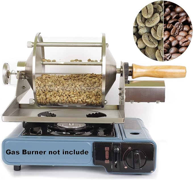 Coffee Roaster Gas Burner Coffee Roasting Machine for Home Use 400g Capacity Quartz Glass Drum Stainless Steel Frame Peanut and Nut Roaster