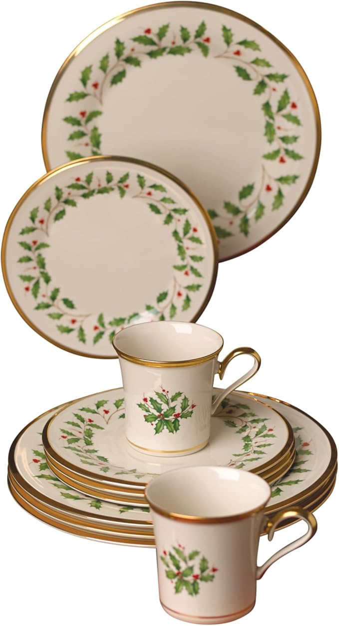 Lenox Dinnerware Set Holiday 12-Piece Set Service For 4 Porcelain Plate Berry Motif With 24-Karat Gold Accents Christmas Dinner Plates Salad Plates And Mugs Dishwasher Safe (Assorted 12 Piece)