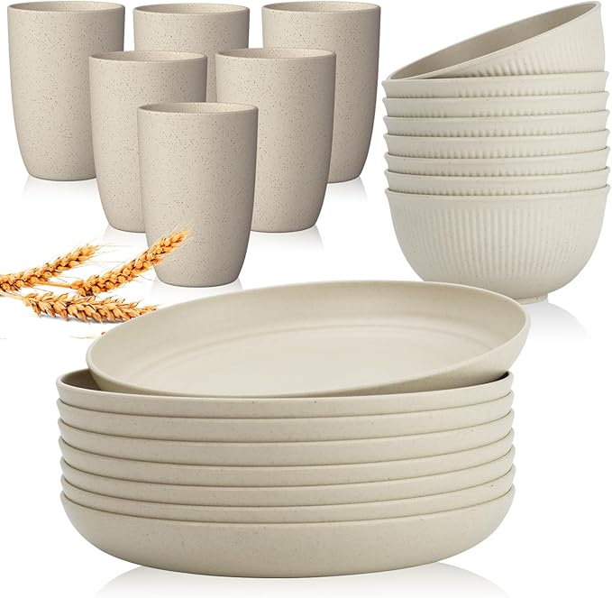 Wrova wheat straw bowls and plates sets with 12oz cups - unbreakable dinnerware sets of 22 - Beige series 2
