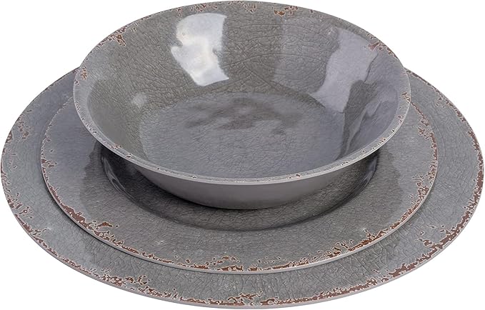 12-Piece Melamine Dinnerware Set – Crackle Design Indoor &amp Outdoor Use Lightweight &amp Durable (Gray Rustic)
