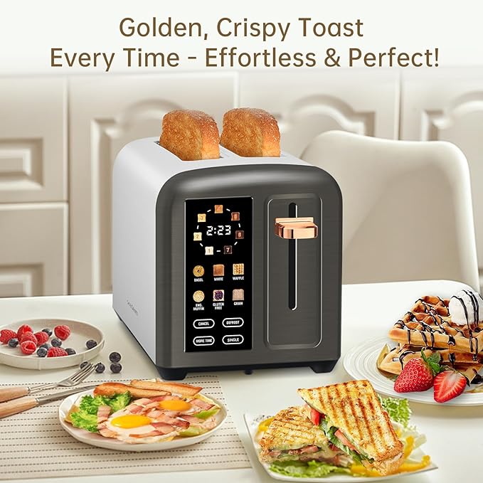 SEEDEEM Toaster 2 Slice Real Touch Screen with LCD Display Single-Slice Function Stainless Steel Toaster 50% Faster Heating 1.5 Wide Slots Removable Crumb Tray 1350W Dark Metallic