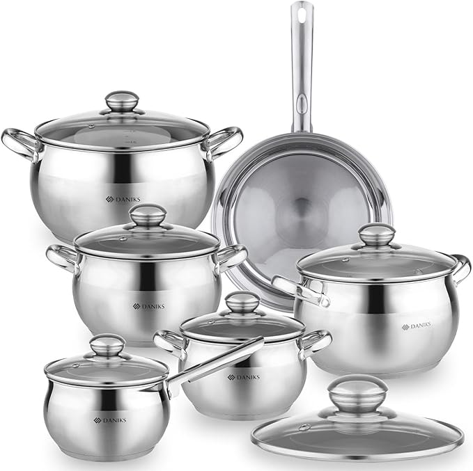 Daniks Classic 12-Piece Stainless Steel Cookware Set with Glass Lids Includes Saucepan and Frying Pan with Lid Tri-Ply Bases for Even Heating Induction Compatible Dishwasher Safe