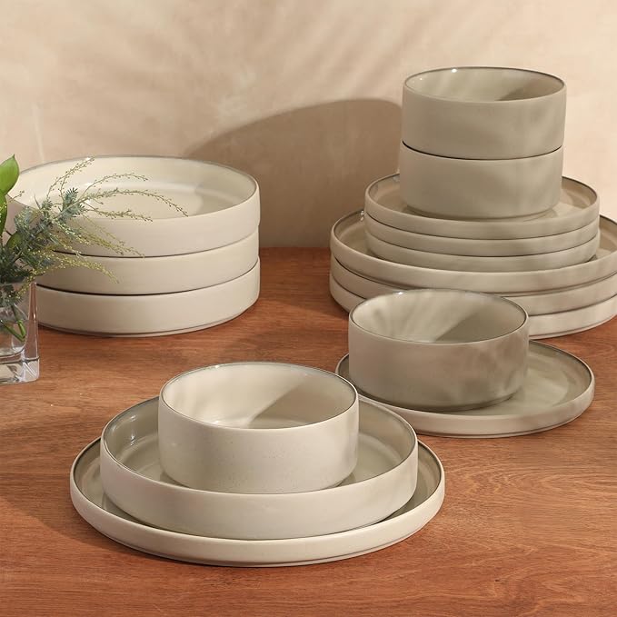 Gibson Elite Liberty Bay 16-Piece Pottery Clay Stoneware Dinnerware Set – Taupe Reactive Glaze Stackable Plates and Bowls W/Pasta Bowl Service for 4 – Microwave &amp Dishwasher Safe