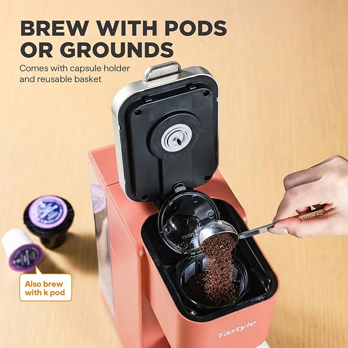 Single Serve Coffee Maker Iced and Hot Coffee Machine for K Cup &amp Grounds Compact Design 40oz Removable Water Reservoir 6 to 24 Oz Brew Sizes Fits 7.3 Travel Mug Salmon