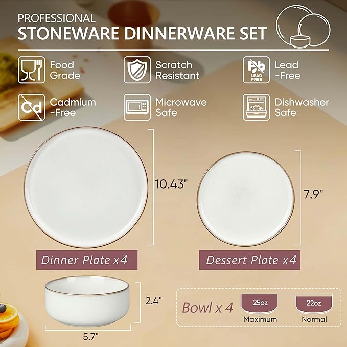 Herogo 12 Pieces Stoneware Dinnerware Sets with 10.43 Inch Dinner Plates Set of 6 Ivory White