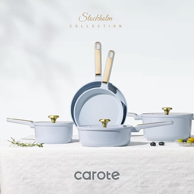 CAROTE Ceramic Cookware Set Nonstick 14pcs Pots and Pans Set Nonstick Non-Toxic &amp PFAS-Free Dishwasher RV/Camping Cookware Set Cooking Pots with Lids Pastel Blue