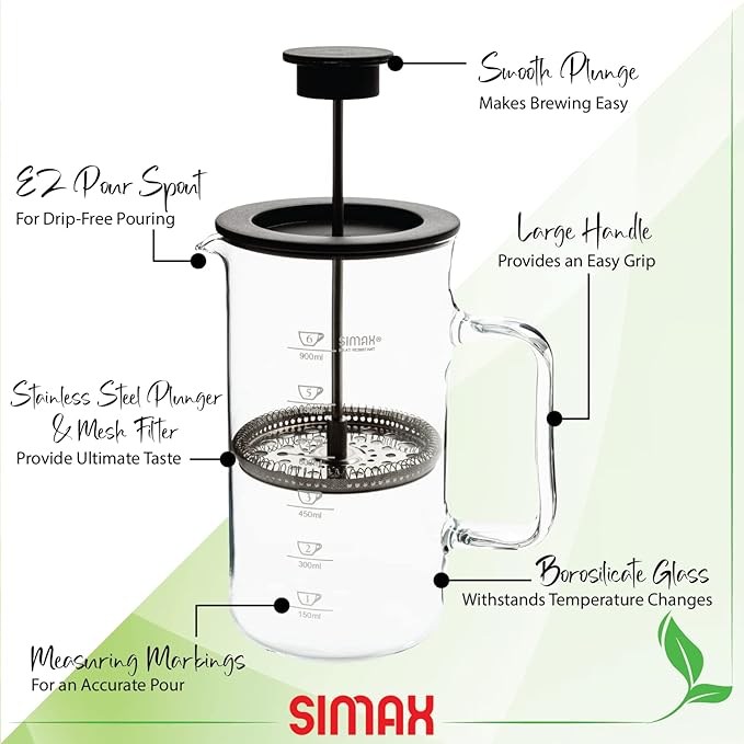 SIMAX French Press Coffee Maker 1 Liter Coffee Press Dishwasher Safe Glass Coffee Maker with Filter Hot and Cold Safe Borosilicate Glass Easy To Clean