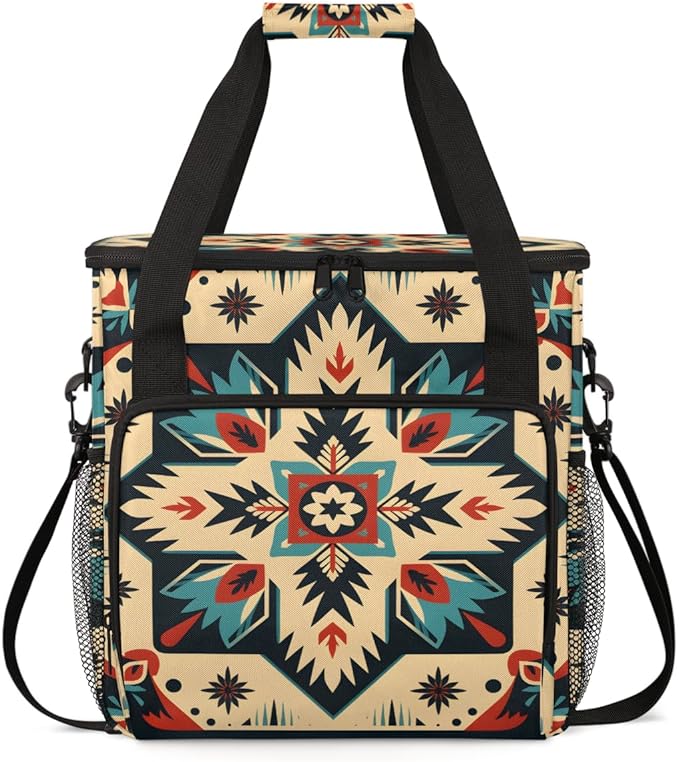 Retro Aztec Coffee Maker Carrying Bag Geometry Flower Travel Storage Bag Compatible with K-Mini or K-Mini Plus Single Serve Coffee Brewer Carrying Case with Multiple Pockets &amp Shoulder Strap