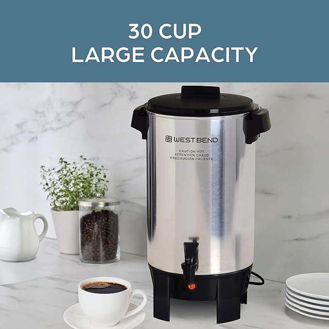 West Bend Coffee Urn Highly-Polished Aluminum Features Automatic Temperature Control with Cup Per Minute Brewing and Easy Clean Up Includes In-Basket Measuring Guide and Ready Light 30-Cup Silver