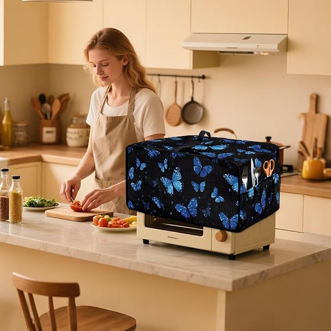 Toaster Oven Cover with Pockets Can Hold Jam Spreader Knife &amp Toast Machine Tongs Dust Fingerprint Protection Covers Keep Your Toaster Oven Pristine Bule Butterfly Print