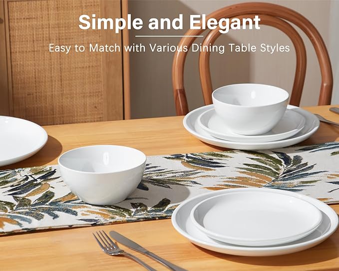 ONEMORE Plates and Bowls Set - Microwavable Oven &amp Dishwasher Safe Porcelain Dinnerware Set - Scratch Resistant Ceramic Dish Set for 4(12pcs)