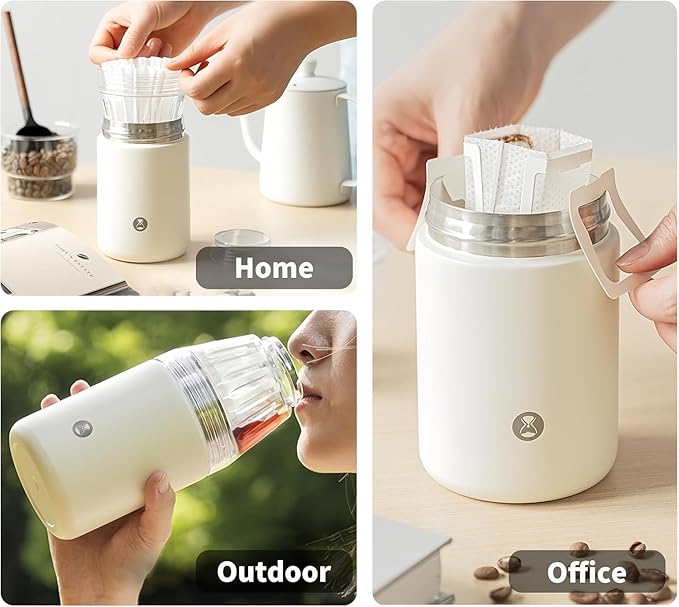 TIMEMORE Portable Coffee Maker Pour-Over Coffee Dripper Travel Coffee Cup Manual Brewer for Home and Outdoors - Ceramic-Coated Stainless Steel Tumbler 10.08 oz Capacity